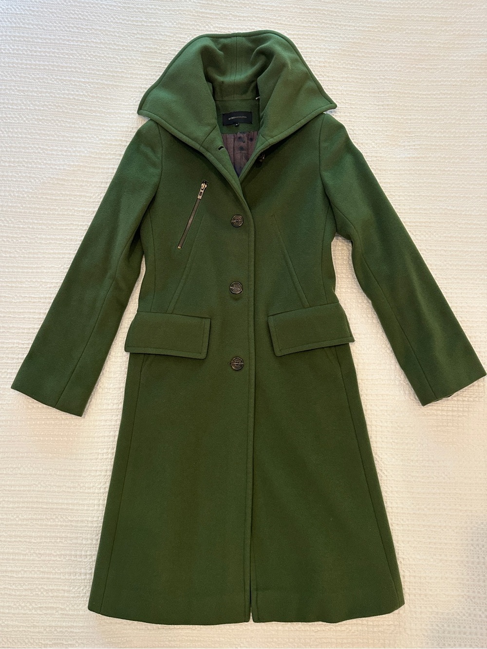 BCBG Max Azria Green Wool Coat with Funnel Collar - Size 0